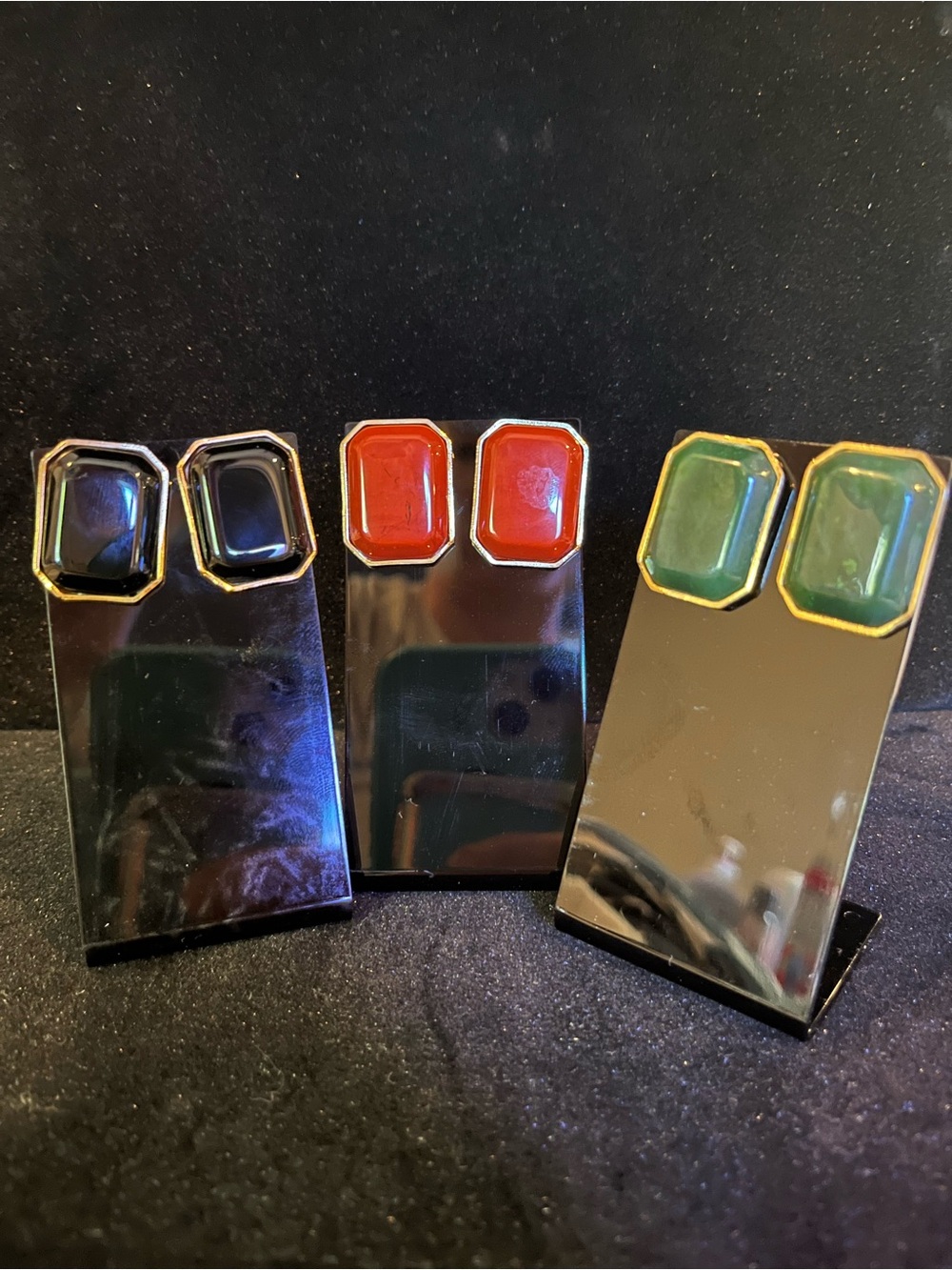 Set of Three Resin Stud Earrings - Onyx, Jade, and Red-Orange Tones